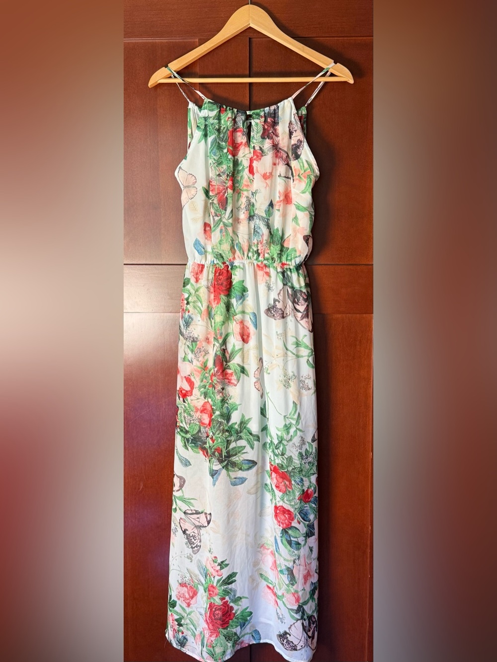 Fate Floral Butterfly Halter Maxi Dress Size Large White With Multi-Color Print